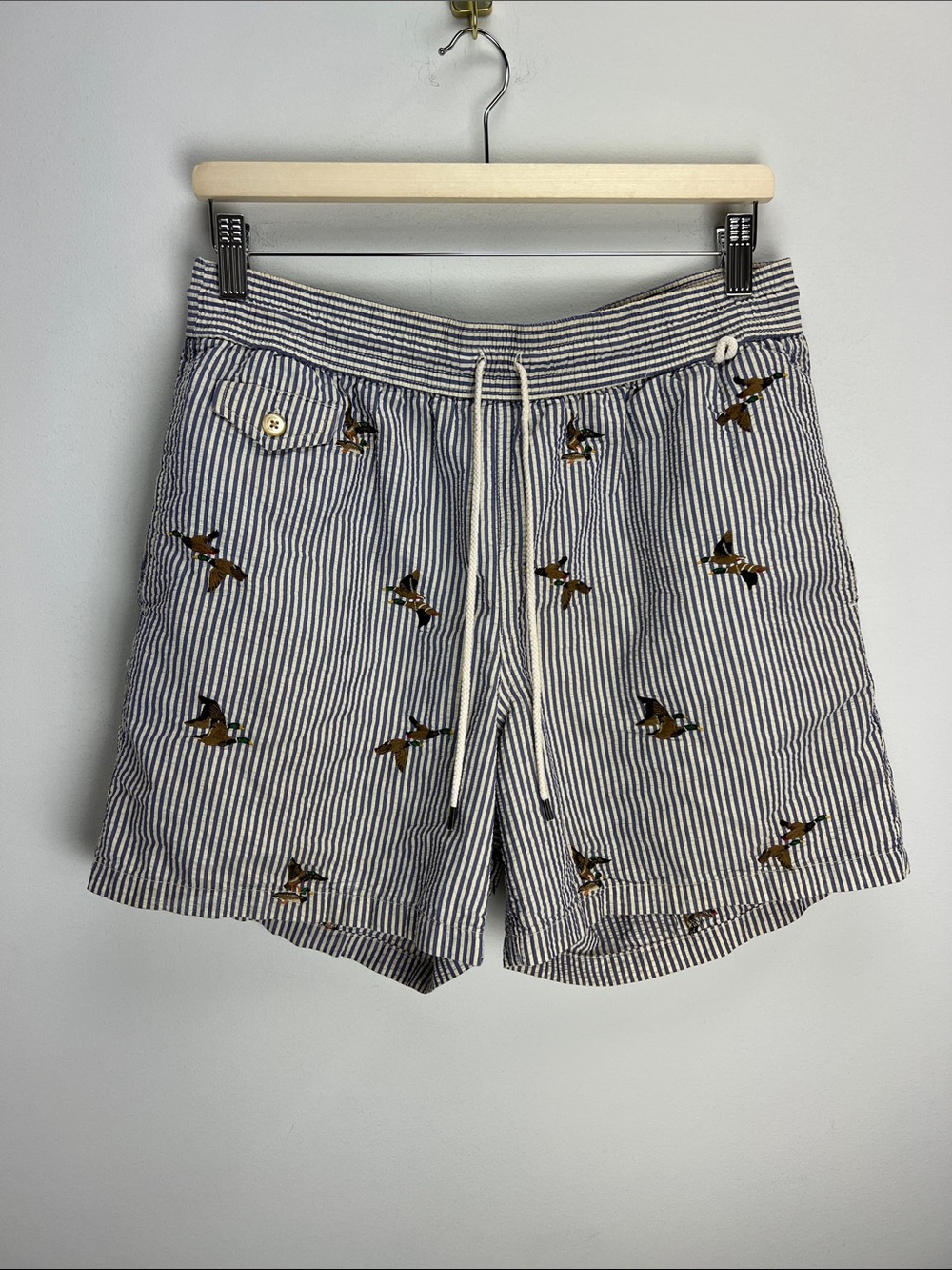Vintage Polo Ralph Lauren Seersucker Embroidered Duck Swim Trunks Shorts Medium